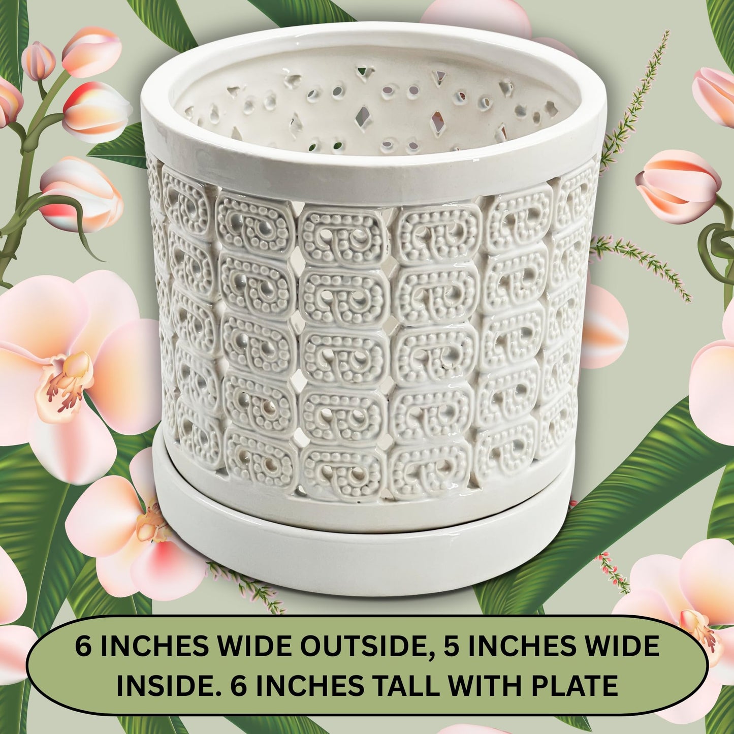 DESQUIGGLE White Ceramic Orchid Planter, 6 Inches Wide, Large Orchid Pots with Holes for Indoors Or Outdoors with Swirl Cut Out Pattern, Orchid Gifts