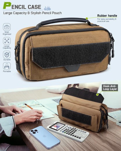 RXW Large Capacity Pencil Case Pouch for Boys, Zippered Tactical Pencil Bag Carry Handle, Small Tool Pouch for Adults (includes US Flag Patch + 2 MOLLE Straps)