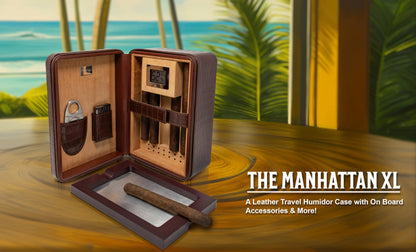 Prestige Import Group Manhattan XL Travel Cigar Humidor Case Set (Hygrometer, Ashtray, Cutter, Lighter, Humidifier) - Brown
