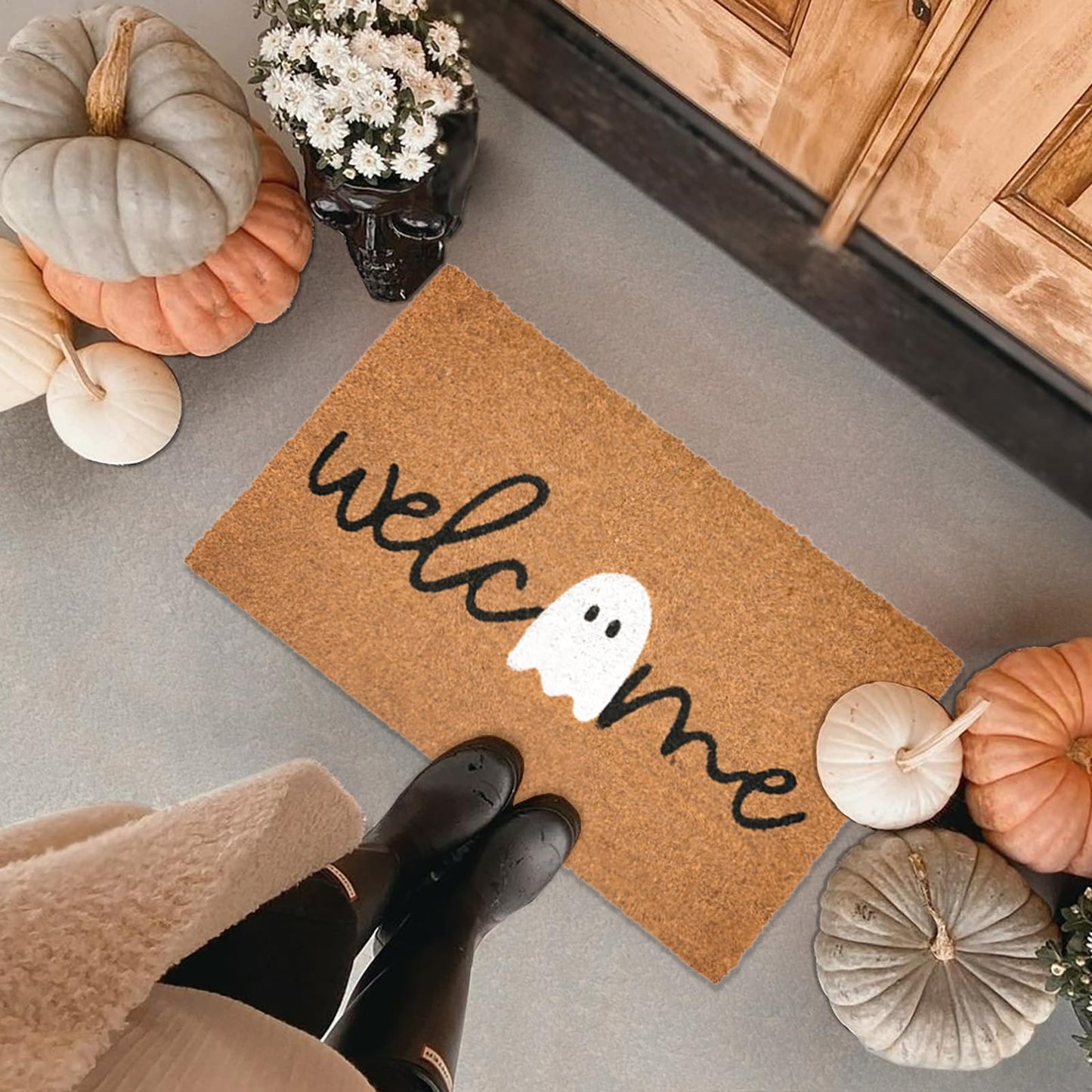 Halloween Ghost Welcome Coir Doormat 17"x30", Outdoor Front Door Mat with Cute Ghost Design, PVC Non Slip Backing, Fall Halloween Welcome Mat for Front Porch Entryway Decor