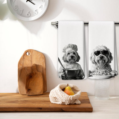 BCUANGD Dog Kitchen Towels Decor Set of 2 - Funny Lowchen Hand Tea Towels, Retro Black Puppy Dog Owner Gifts for Women Men Dish Towel Dishcloths Decorations for Home Kitchen, 16"x24"
