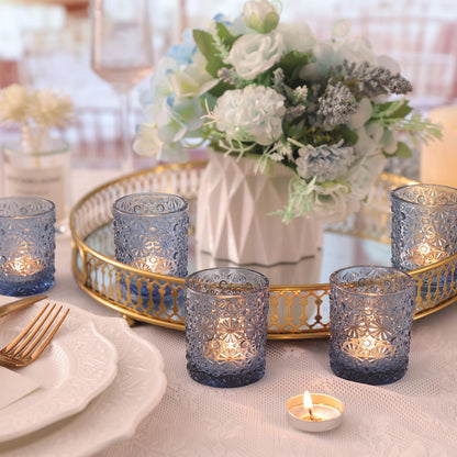 Lanttu Blue Votive Candle Holder Set of 12, Flower Tea Lights Candles Holders for Wedding Table Centerpieces, Birthday Parties, Home Decor, Blue Bridal Shower and Holiday Decorations