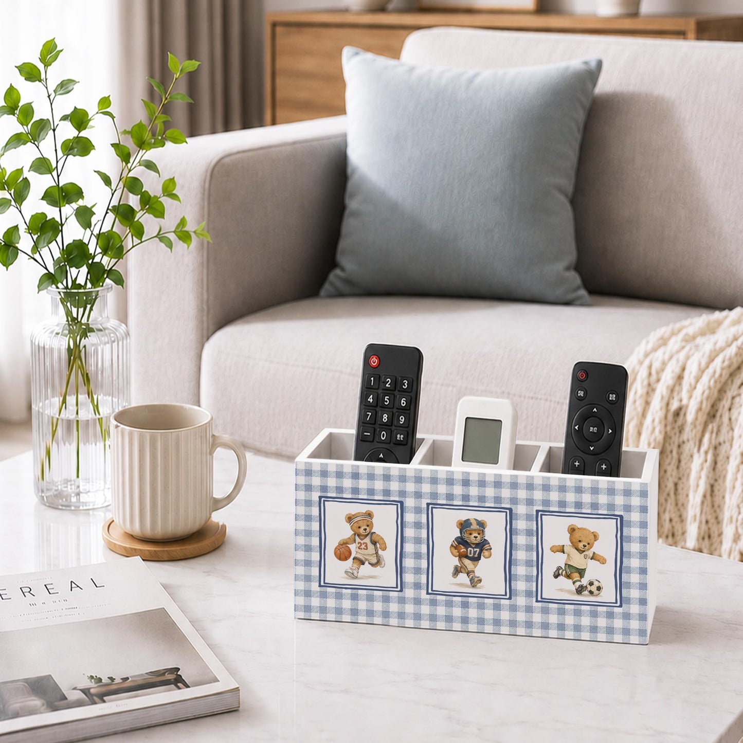 WUHSDIBC Bear Nursery Kids Pen Pencil Holder for Desk, Sports Player Bear Retro Blue Gingham Wooden Pencil Holder Organizer Desk Accessories Decor for Kids Boys Room Bedroom Playroom Desk Tabletop