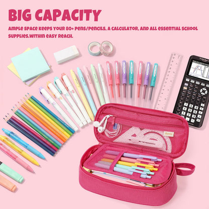SUNEE Cute Pencil Case, Large Capacity Pencil Pouch, Soft Corduroy Pencil Bag, Big Storage Pen Organizer for Stationery, Aesthetic Pencil Box, Back to School Supplies for Teen Girls Boys, Berry Pink
