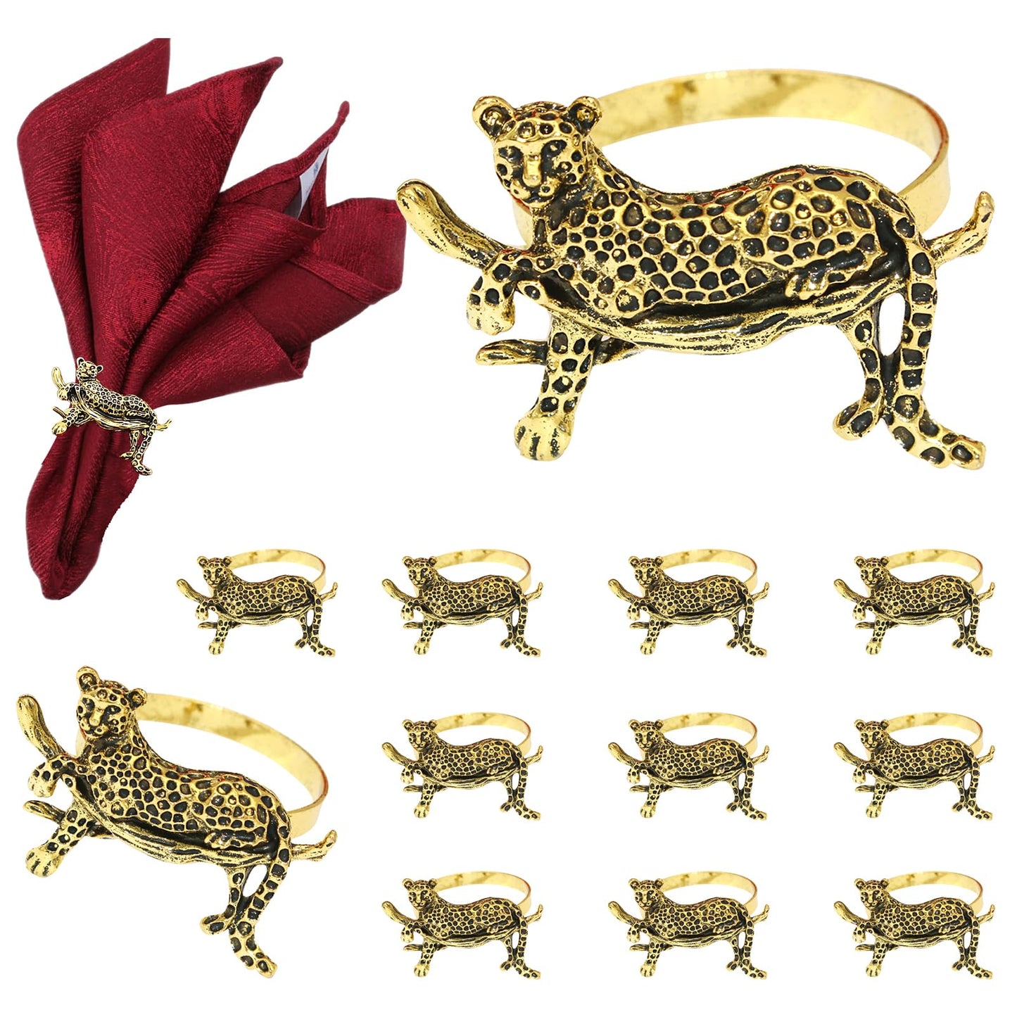Davifina Gold Leopard Napkin Rings Set of 12 Fall Safari Napkin Rings for Christmas Halloween Dining Decor,Unique Animal Napkin Ring Holders for Baby Shower Garden Party Family Gathering Table Setting