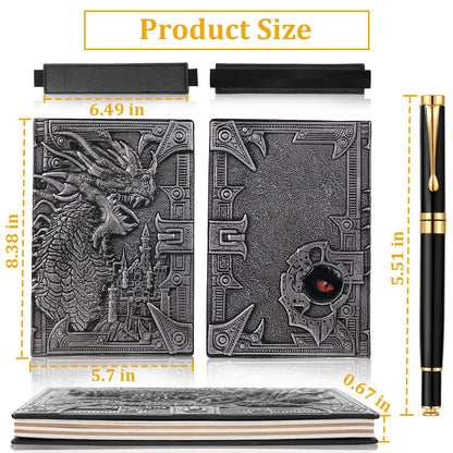 Vintage Dragon Embossed Leather Notebook DND Notebook Travel Journal with Black Ballpoint Pen and Pen Sleeve.Antique Handmade A5 Journal,Hardcover Liner,Writing Notebook Gift for Men&Women(Silver)