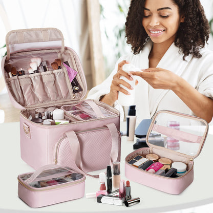 Prokva Travel Makeup Bag with 2 Pouches and Adjustable Dividers, Large Cosmetic Case Make up Organizer for Women Fits Bottles Vertically, Pink (Patented Design)