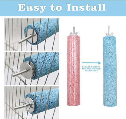 Dual-Textured Bird Perch, 2-Pack – Chewable Mineral Stone & Metal Rod Stand for Small/Medium Birds | Cage Mounted Perches for Beak Grinding, Claw Trimming (Blue & Pink)