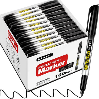 SFAIH 100 Black Permanent Markers Bulk -1s Quick Dry, Waterproof, Non-Fading, Durable, Fine Point Permanent Pens for Plastic Glass Metal Wood Paper, Office Supplies, Classroom Kitchen, Cargo Marking