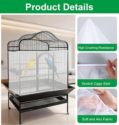Seed Catcher for Bird Cage, Adjustable Bird Cage Seed Catcher, Stretchy Mesh Seeds Catchers for Birds Cages, White Parrot Enclosure Cover, Easy to Install & Clean