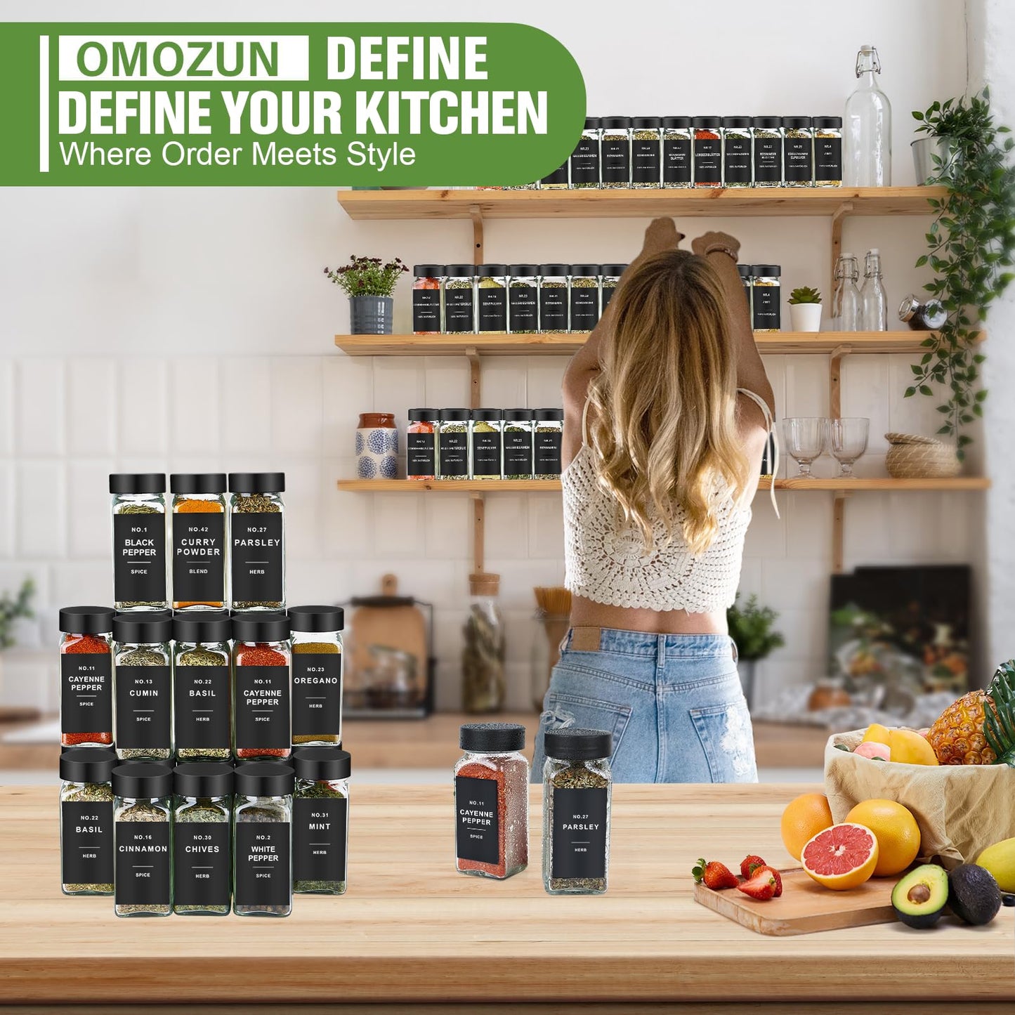 OMOZUN Spice Jars with Label, 24pcs 4oz Glass Spice Jars with Black Lids, Square Spice Containers with 304 Labels and Shaker Inserts, Empty Seasoning Bottles for Drawer, Cabinet, Seasoning Organizer