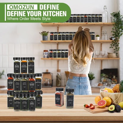 OMOZUN Spice Jars with Label, 24pcs 4oz Glass Spice Jars with Black Lids, Square Spice Containers with 304 Labels and Shaker Inserts, Empty Seasoning Bottles for Drawer, Cabinet, Seasoning Organizer