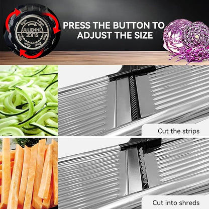 Mandoline Slicer, Adjustable Stainless Steel Slicer, Food Holder and Gloves | Adjustable stainless steel blade slices potato, onion and tomato with food holder and safety gloves for safer daily meal prep