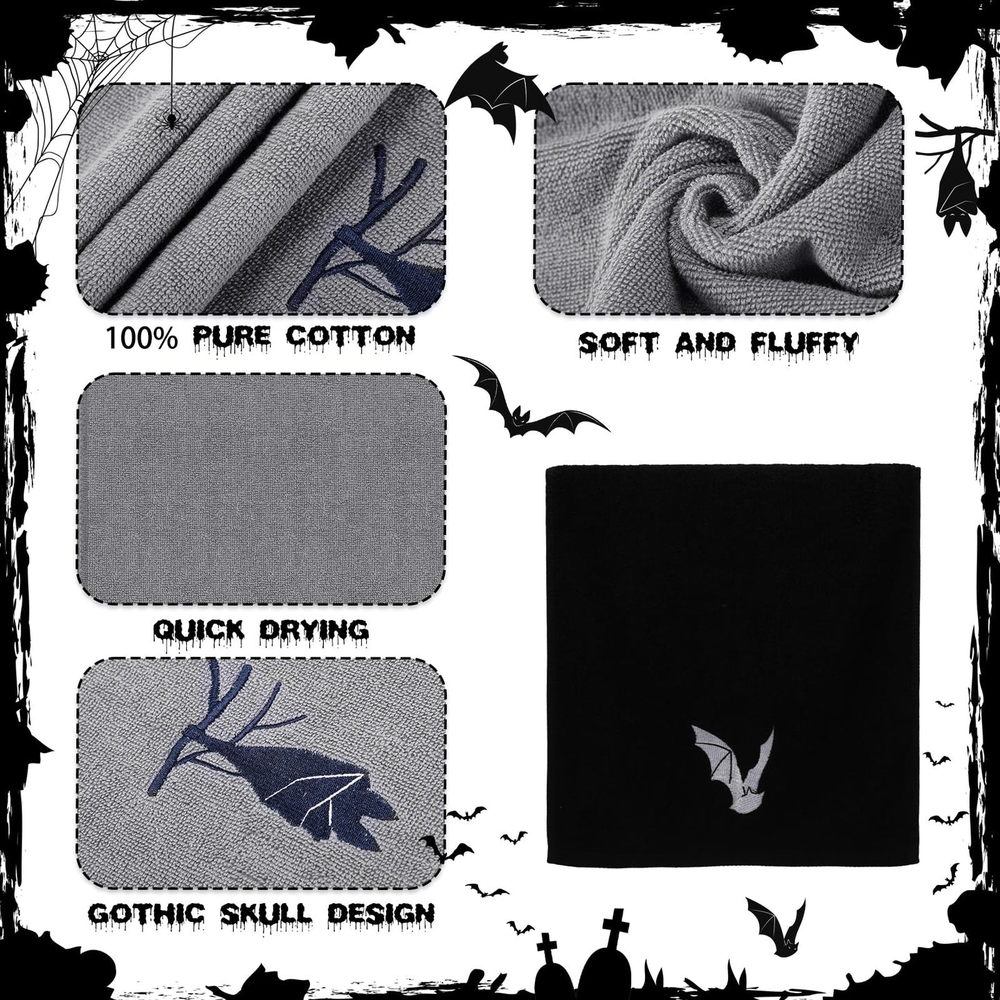 Breling 3 Pcs Kitchen Hand Towels 13.3 x 29 Inch Towels for Bathroom Soft Embroidered Home Decoration for Goth Kitchen Halloween Birthday Gifts(Polyester,Bat)