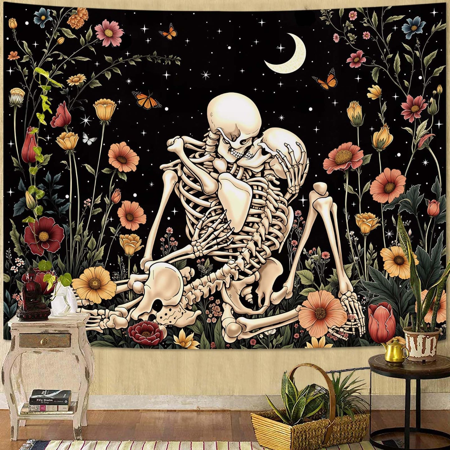 Haibimen Skeleton Tapestry Wall Hanging Dark Romance Moon Stars Butterfly Floral Skull Gothic Tapestries for Bedroom Aesthetic Wallpaper Decor for Living Room, Dorm (Black 1, 60''×44'')