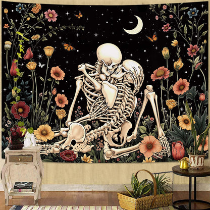 Haibimen Skeleton Tapestry Wall Hanging Dark Romance Moon Stars Butterfly Floral Skull Gothic Tapestries for Bedroom Aesthetic Wallpaper Decor for Living Room, Dorm (Black 1, 60''×44'')