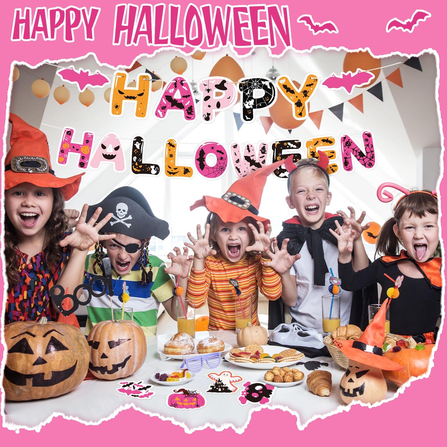 Halloween Spooky Girls Night Decorations Hot Pink Happy Halloween Banner with Hanging Swirls Cute Spider Web Pumpkin Bats Ghost Hanging Swirls Pink Party Decorations for Birthday Bachelorette Party