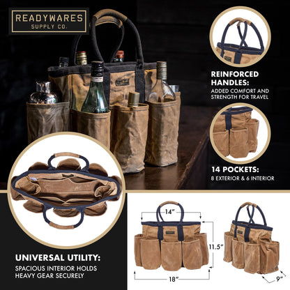 Readywares 14" Waxed Canvas Supply Bag/Garden Tool Tote/Cleaning Organizer/Mobile Bar/Versatile Storage Tote With Pockets/Utility Bag with Heavy Duty Handles