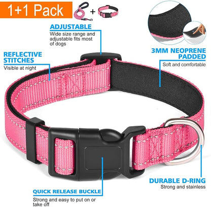 Ladoogo Reflective Dog Collar Padded with Soft Neoprene Breathable Adjustable Nylon Dog Collars for Small Medium Large Dogs (X-Small (Pack of 1), Pink Collar+Leash)