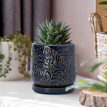 D'vine Dev 4 Inch Embossed Leaves Stoneware Planter Pot with Drainage Hole and Saucer, Midnight Blue, Set of 2, 27-F-Z-3
