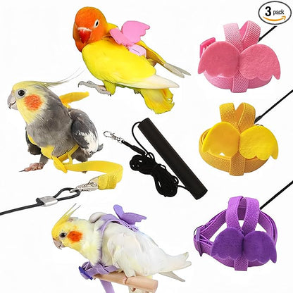 3 Sets Pet Parrot Bird Harness and Leash with Cute Wing, Adjustable Bird Flying Harness Straps Outdoor Training Traction Rope for Parrots Pigeons Lovebird Cockatiel(S,Pink, Yellow&Purple)