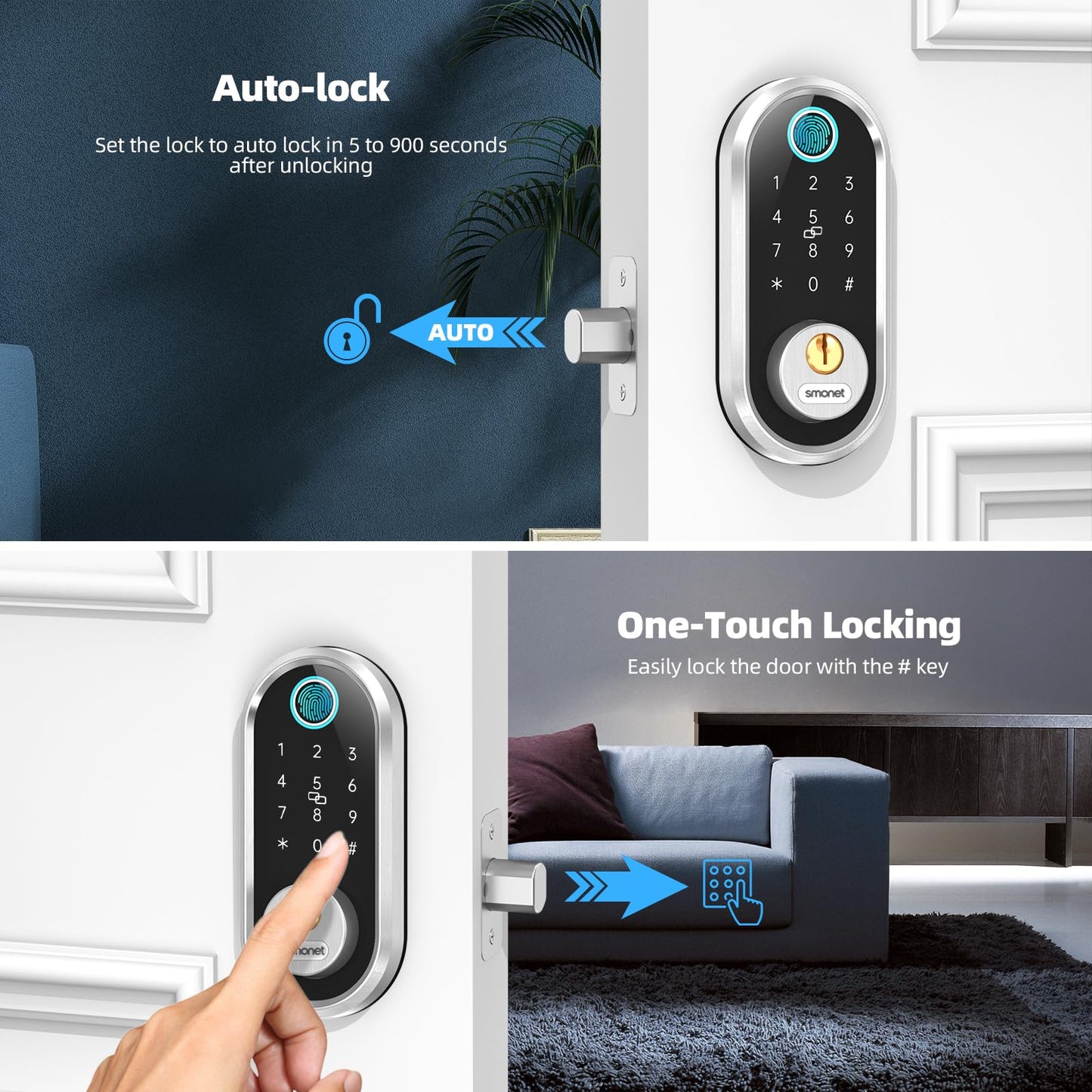 Smart Keyless Entry Door Lock - Fingerprint Electronic Deadbolt Touchscreen Keypad SMONET Biometric Digital Bluetooth Door Lock Smart Deadbolt Compatible with Alexa for Homes and Hotel