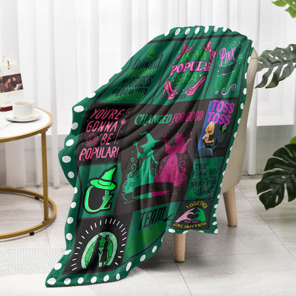 50'' x 40'' Witch Green Vintage Flannel Blanket, Evil Gift Queen Throw Broom, Elphaba Hat Glinda Magic Movie Land Blanket, All Seasons Warm Cozy Soft Blanket for Sofa Bed Halloween Women Fans 1