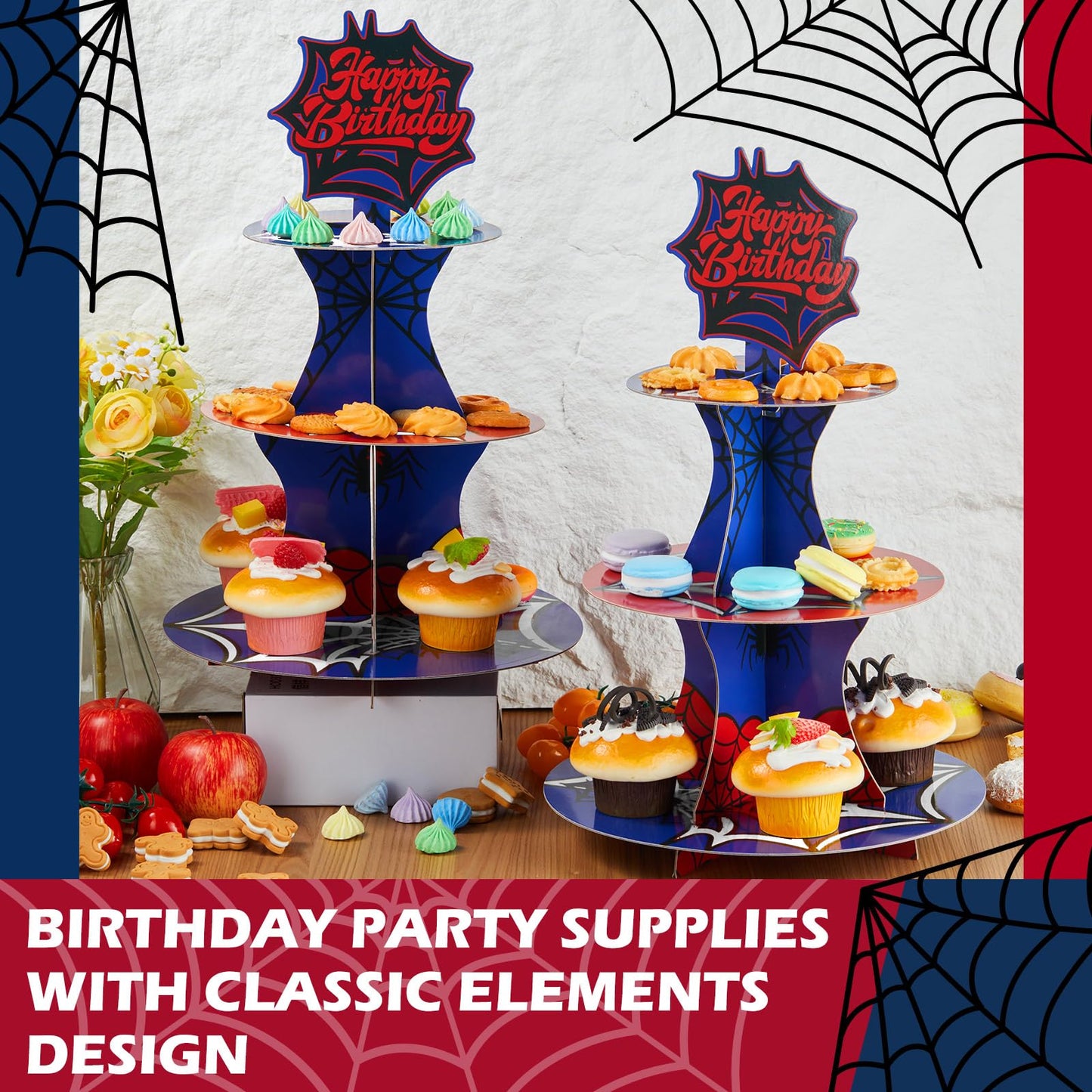 Acellegic 2 Pack Spider Cupcake Stand 3 Tier Spider Web Birthday Party Decorations Cupcake Stand Toppers Display Dessert Holder for Birthday Party Supplies