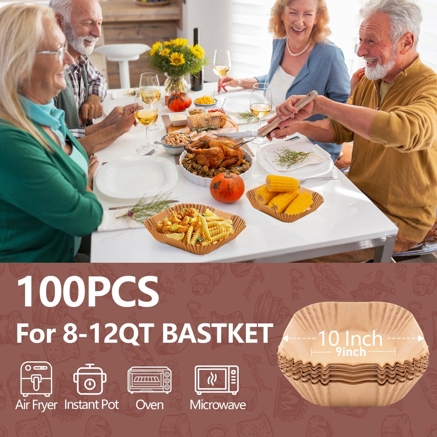 UBeesize 9-Inch Air Fryer Parchment Liners - 200 Pack, Square Non-Stick Disposable Paper Sheets for Microwave & Air Fryers, Unbleached Baking Sheets (8-Inch Base)