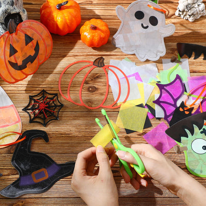 Feifeiya 24 Set Halloween Suncatcher Crafts with Tissue Paper DIY Stained Glass Effect Sun Catcher Kit Make Your Own Halloween Crafts Hanging Ornaments for Window Activity Creative Projects