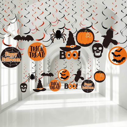 Blulu 50 Pcs Halloween Ceiling Decorations Halloween Hanging Swirl Witch Bat Boo Pumpkin and Spider Trick Foil Swirl Hanging Decorations Streamers Ceiling for Home Indoor Outdoor Party Office