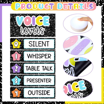 Glooglitter 5 Pcs School Magnetic Voice Level Chart Poster and Push Light Composition Notebook Classroom Decor LED Tap Light Chart Noise Voice Level Sign for Classroom Teacher Back to School Supplies