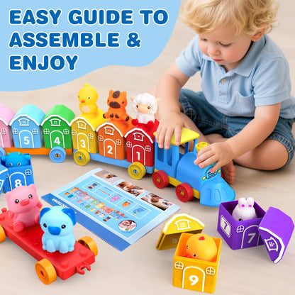 GooMags Montessori Toys for Toddlers, Farm Animal Train Set with Counting Matching Sorting Activities 9 Barns, 10 Finger Puppets, 2 Stickers-Learning Toys for Baby Boys Girls, Preschool Gift