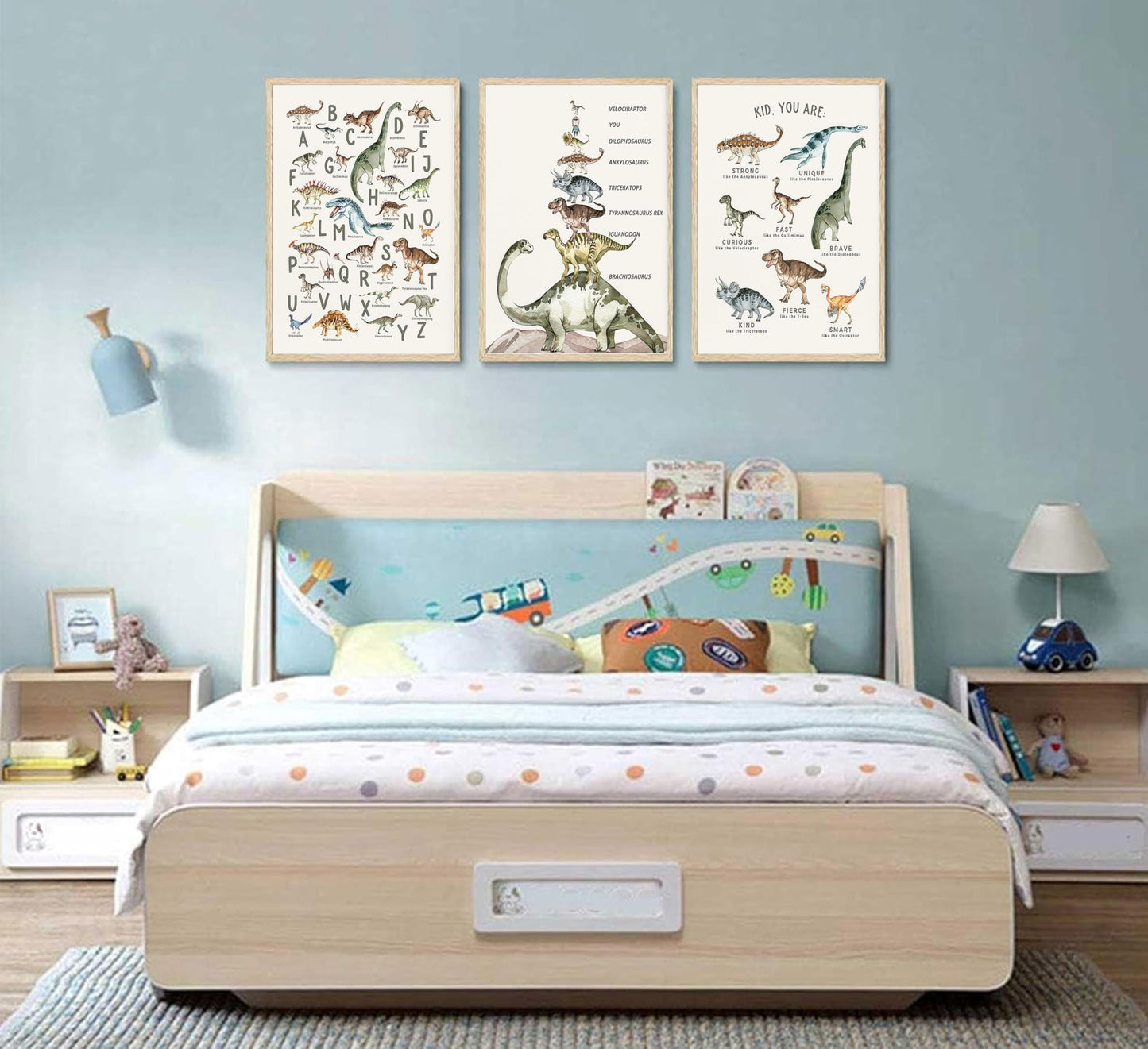 3Pcs Kids Dinosaur Species Wall Art Dinosaur Alphabet Canvas Painting Boys Room Wall Decor Tyrannosaurus Encyclopedia Educational Posters Prints Teen Cool Pictures for Home Classroom Nursery Unframed