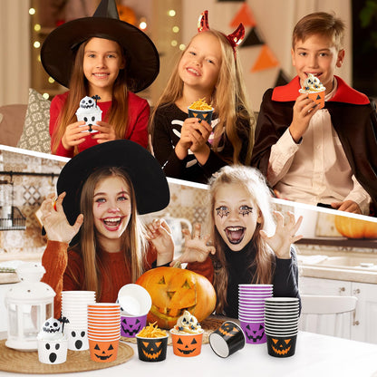 48 Pcs Halloween Treat Snack Cups Pumpkin Ghost Disposable Paper Bowls 9 Oz Paper Cups Dessert Ice Cream Bowls for Trick or Treat Birthday Movie Party Favor Supplies