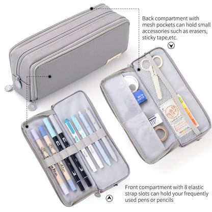 CICIMELON Large Capacity Pencil Case 3 Compartment Pouch Pen Bag for School Teen Girl Boy Men Women (Gray)