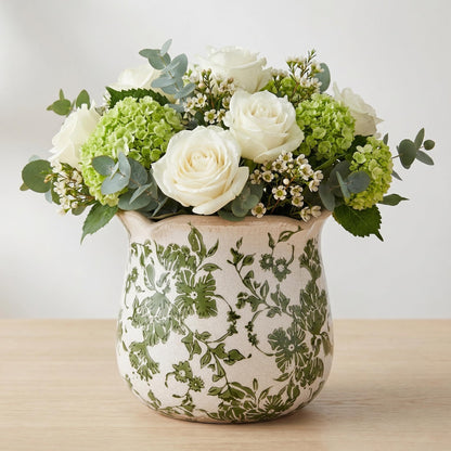 behen bahen Vintage Ceramic Planter Pot with Drainage Holes, Green Floral Design, 6.11 Inch, Distressed Tuscan Style, Indoor Plant Pot and Vase (Green)