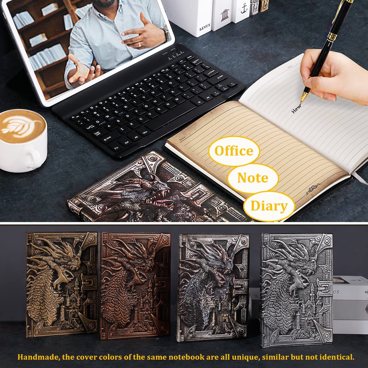 Vintage Dragon Embossed Leather Notebook DND Notebook Travel Journal with Black Ballpoint Pen and Pen Sleeve.Antique Handmade A5 Journal,Hardcover Liner,Writing Notebook Gift for Men&Women(Silver)
