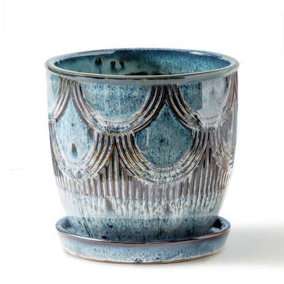 Chralji GIFTWARE Ceramic Planter Pot, 5in, Reactive Glaze Blue, Indoor Outdoor Usage, with Drainage Hole and Saucer