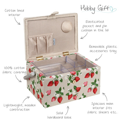 Hobby Gift Medium Sewing Box Organiser, Fabric Covered Storage Box with Handle, Internal Tray, Pin Cushion and Pocket for Sewing, Quilting and Knitting Supplies