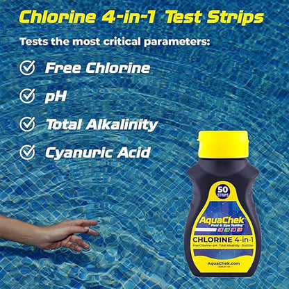 AquaChek Yellow 4-Way Test Strips for Pool & Spa – 50 Count – Lab Verified Accuracy for pH, Chlorine, Alkalinity & Cyanuric Acid – Fast Results – Made in USA - (2-Pack)