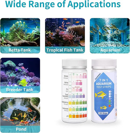 Aquarium Test Strips for Fish Tank: 7-Way 150 Strips Aquarium Water Test Kit Freshwater Testing pH Nitrate