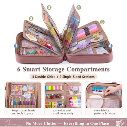 AMOIGEE Sewing Supplies Organizer Bag, Large Craft Storage Tote with 17 Clear Pockets&Tool Holders, Portable Crochet Knitting Embroidery Organizer Case for Threads, Hooks, Needles & Sewing Accessories