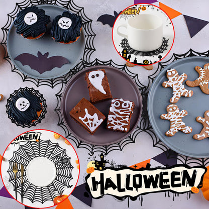 Halloween Spider Web Placemat Set of 8 Include 15" Heat Insulation Spider Web Table Mat 4" Hollow Out Spiderweb Coasters Ideal for Family Festival Party Home Dining Table Decor