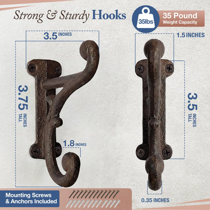Rustic Cast Iron Coat Hooks (3 Pack) Rustic Dark Brown, Wall Mounted, Farmhouse Decorative, Heavy Duty Wall Hooks for Hanging Coats, Hats, Towels (Mounting Hardware Included)