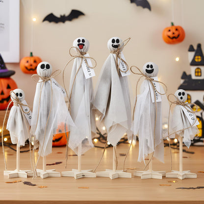 AceOrbit 6 Pcs Halloween Primitive Ghost Table Decor, Rustic Ghost Wooden Stand Sign Boho Farmhouse Wood Spooky Table Centerpieces for Halloween Office Indoor Party Decoration Supplies (Mixed Style)