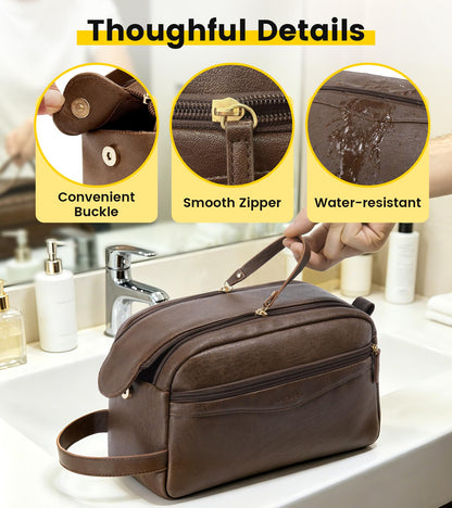 Vorspack PU Leather Toiletry Bag for Men, Water-Resistant Travel Bag for Toiletries, Wide Opening Bathroom Organizer for Shaving, Grooming, Skincare - Dark Brown