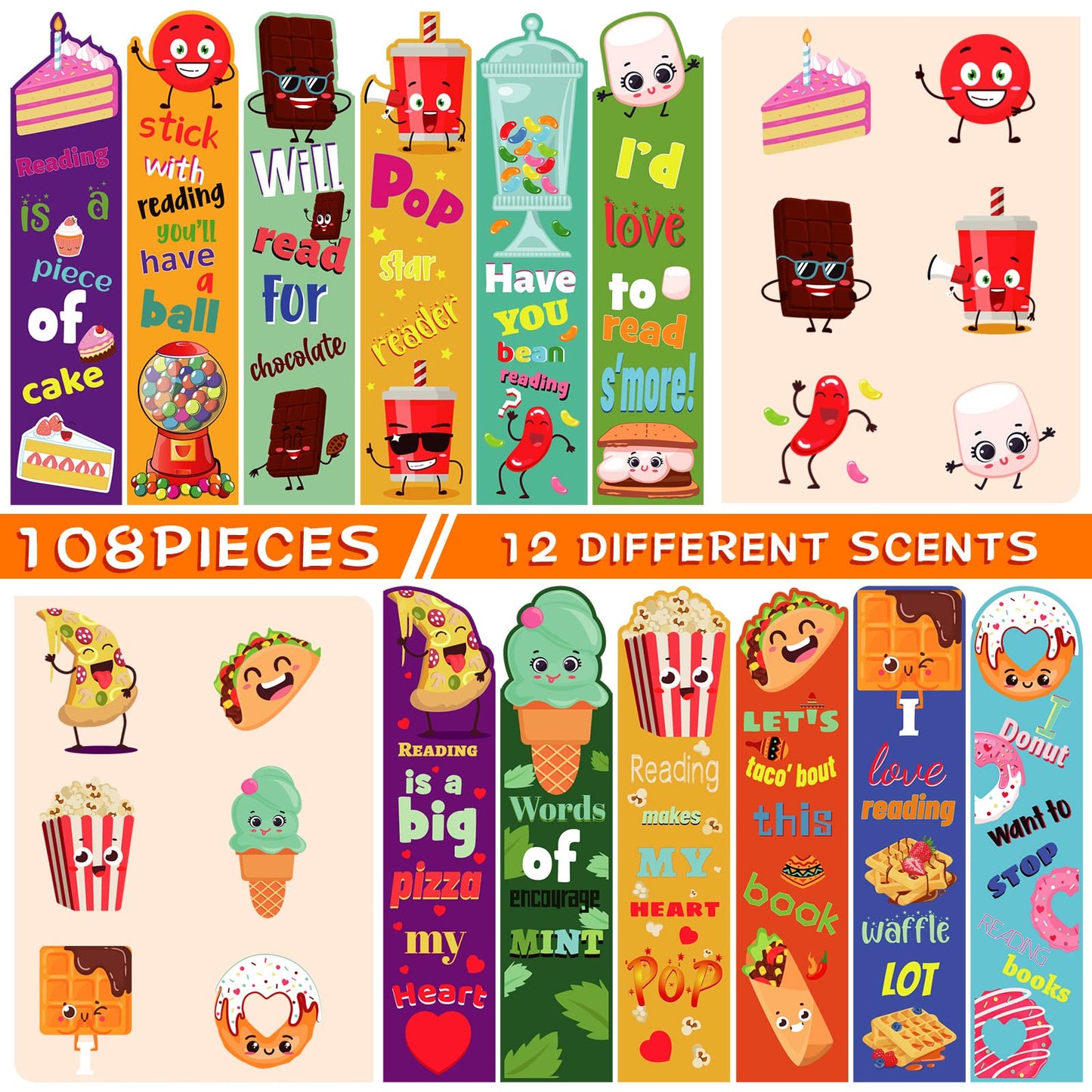 Fainne 108 Pieces Scented Scratch and Sniff Bookmarks for Kids Snack Fruit Scented Bookmarks Funny Classroom Smelly Bookmark for Students Teenager School Office Home, 12 Style