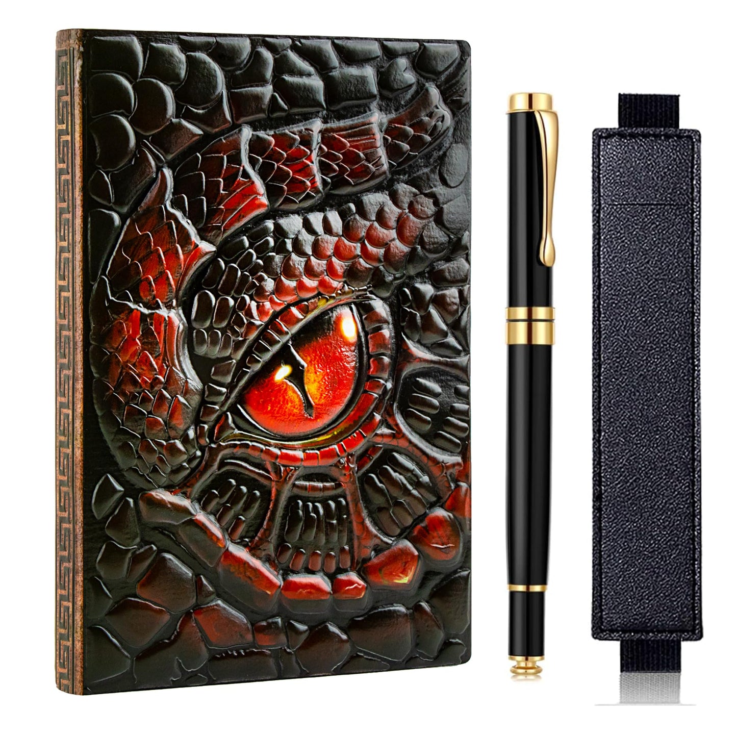 FEIDIAO Vintage Dragon Eye Notebook DND Embossed Notebook, 3D PU Leather Travel Journal with Ballpoint Pen & Pen Sleeve,Hardcover A5 Journal,Hardcover Liner Diary,Writing Gift for Men&Women (Red)
