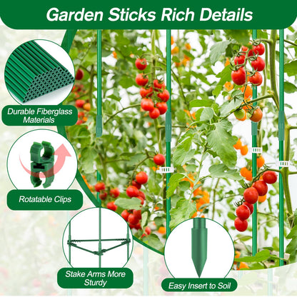 Qinzave 256PCS Garden Stakes Set with 75PCS 16 Inch Fiberglass Plant Sticks and Stake Arms, DIY 4ft 5ft 6ft 7ft 8ft Tomato Stakes, Garden Stakes for Vegetables Tomato Pepper Indoor Outdoor Plants